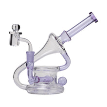 The Human Grade 7.5" Recycler 45 (Triple Marble) Glass Rig Water Pipe features a clear and light purple borosilicate glass body, curved design, cylindrical base, angled mouthpiece, and a dome-shaped attachment—ideal for your favorite quartz bucket.