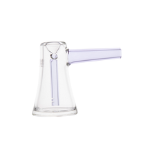 The MJ Arsenal Vulkan Bubbler, made from borosilicate glass with a conical base and cylindrical side spout, offers a modern, scientific look—perfect as a portable bubbler, shown here against a white background.