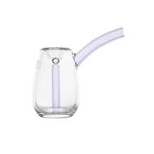 The MJ Arsenal Bulb Bubbler is a transparent borosilicate glass mini bubbler with a rounded base, angled cylindrical mouthpiece, internal vertical tube, and a small hole near the top. Background is plain white.