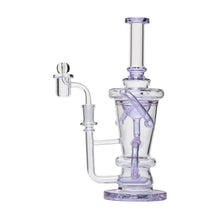 The 10.25" Straight Recycler Glass Water Pipe features clear and light purple borosilicate glass, angled chambers, and intricate percolator designs, all standing upright on a sturdy circular base.