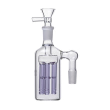 The Jellyfish Glass Ash Catcher 14mm (45°/90°) features clear glass, a vertical jellyfish perc with multiple slits, a top bowl, and an angled joint for efficient water filtration and smooth smoking.