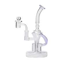 The Dualing Recycler Glass Rig Water Pipe is a clear borosilicate recycler with a curved neck, round base, handle, and side percolator chamber, designed for 14mm smoking or vaporizing.