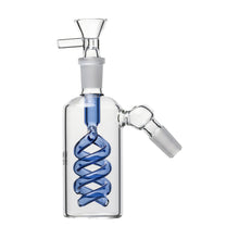 The 14mm The Spiral Perc Ash Catcher 45° or 90° features a clear, durable glass body with a blue spiral percolator and angled joints, perfect for use with any compatible 14mm water pipe.