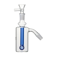 The 14mm DK Barrel Ash Catcher (45° or 90°) is a clear glass attachment featuring a blue percolator, top bowl, and angled side joint. Inspired by Donkey Kong barrels, it fits any 14mm water pipe for smoother, cleaner hits.