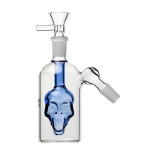 The 14mm Skull Ash Catcher (45° or 90°) is a clear glass bong accessory with a blue skull inside and two angled joints, fitting any 14mm water pipe.