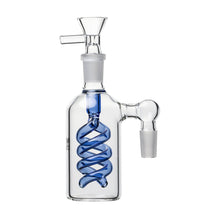 The 14mm The Spiral Perc Ash Catcher 45° or 90° is a clear, durable glass ash catcher featuring a blue spiral percolator and a vertical mouthpiece for easy connection to your favorite water pipe setup.