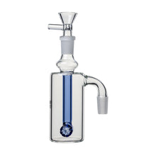 The 14mm DK Barrel Ash Catcher (45° or 90°) features minimal, cylindrical clear glass with a blue percolator and downstem, top bowl, side joint outlet, and fits most 14mm water pipes for Donkey Kong barrel vibes.