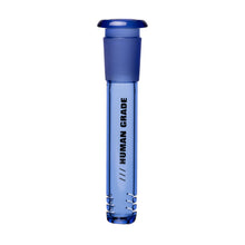 The Human Grade Color Downstems (14MM) is a clear glass tube with a blue cap and "HUMAN GRADE" printed vertically in black, perfect as a 14mm downstem water pipe replacement for optimal airflow.