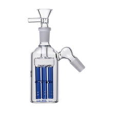 The Jellyfish Glass Ash Catcher 14mm 45/90 degree features three blue jellyfish perc tubes for enhanced filtration, a side mouthpiece, and a funnel bowl. Its clear, cylindrical design ensures smooth lines and cleaner hits.