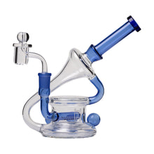 The Human Grade 7.5" Recycler 45 (Triple Marble) Glass Rig Water Pipe features clear and blue borosilicate glass, a unique bent neck, angled mouthpiece, cylindrical base, multiple curved sections, and a removable glass bowl attachment.