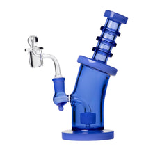 The Human Grade 8" Bent Neck Dab Rig is a blue borosilicate glass water pipe with a wide base and slanted mouthpiece, featuring a clear 14mm quartz bucket bowl for smoking or vaporizing.