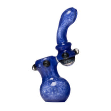 The Human Grade Sherlock Bubbler is a handmade blue smoking pipe with a curved neck, bulbous base, and decorative knobs, crafted from durable borosilicate glass and shown on a white background.