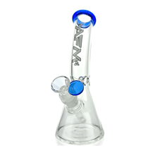 The AFM Glass 8.5" Bent Beaker Glass Water Pipe is a clear borosilicate bong with a beaker base, blue accents on the mouthpiece and bowl, 14mm downstem, and "AFM" printed vertically on the neck, shown against a white background.
