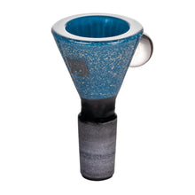 The MJ Arsenal Dichro Flower Bowl is a blue 14mm borosilicate glass bowl with a wide, flared rim, frosted gray base, and a convenient side handle, designed for use with water pipes or bongs.