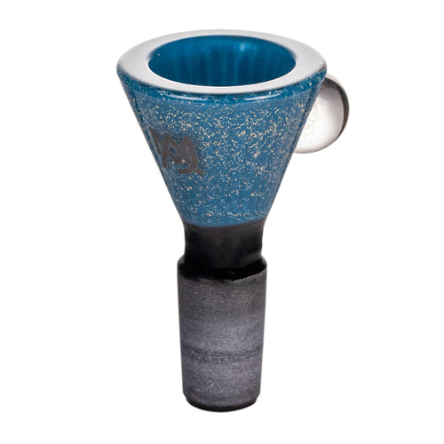 The MJ Arsenal Dichro Flower Bowl is a blue 14mm borosilicate glass bowl with a wide, flared rim, frosted gray base, and a convenient side handle, designed for use with water pipes or bongs.