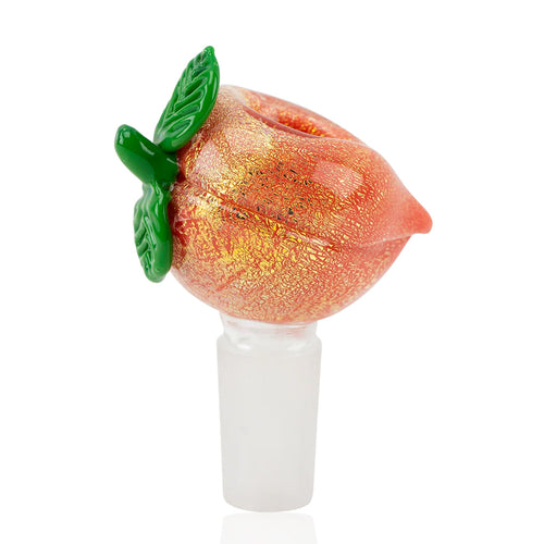 The Empire Glass Works Peachy Bowl 14mm is a hand-crafted borosilicate glass bowl shaped like a peach with green leaves, sparkling orange and gold finish, and a frosted 14mm joint connector at the base.