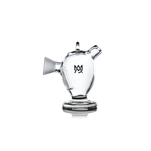 The MJ Arsenal Martian Original Blunt Bubbler features clear glass, a side spout, flared base, and an engraved black geometric logo for sleek style and effective water filtration, shown against a white background.