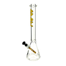 The MAV 9mm Glass 18" Classic Wigwag Beaker is made from durable borosilicate glass, with a yellow zigzag neck design, matching downstem detail, and a black bowl, shown standing upright against a white background.