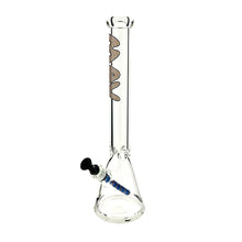 The MAV 9mm Glass 18" Classic Wigwag Beaker is made from durable borosilicate glass, with a long neck, black and blue striped downstem, black bowl, and tan and black MAV logo on the tube.