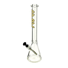 The MAV 9mm Glass 18" Classic Wigwag Beaker bong is made from durable borosilicate glass and features a tall straight neck, black bowl, and yellow logo text along the tube.