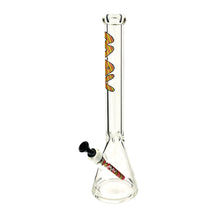 The MAV 9mm Glass 18" Classic Wigwag Beaker is made from borosilicate glass, features colorful swirl patterns on the neck and downstem, and includes a sleek black bowl on the side.