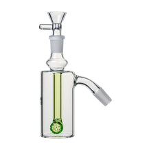 The 14mm DK Barrel Ash Catcher (45° or 90°) features clear glass, a green percolator, side stem, top bowl, cylindrical barrel-inspired shape with wide base, and an angled mouthpiece connection. Shown on a plain white background.
