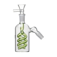 Elevate your 14mm water pipe setup with the 14mm The Spiral Perc Ash Catcher (45° or 90°) featuring a clear, durable glass build, green spiral percolator, funnel-shaped bowl on top, and two angled connectors for improved filtration.