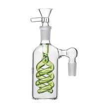 The 14mm The Spiral Perc Ash Catcher (45° or 90°) is a clear glass, bottle-shaped percolator with a green spiral tube, durable glass construction, top bowl, and two side openings—perfect as a water pipe or bong attachment.