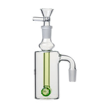 The 14mm DK Barrel Ash Catcher (45° or 90°) is a clear glass water pipe attachment with a green percolator, cylindrical chamber, side arm, and top bowl piece for smooth filtration.