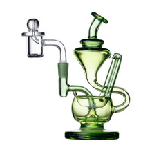 The Human Grade 5" Recycler 1A is a green borosilicate glass water pipe with intricate curves and a clear bowl, designed as a double uptake recycler for smooth smoking or vaporizing.