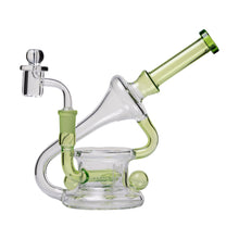 The Human Grade 7.5" Recycler 45 (Triple Marble) Glass Rig Water Pipe features clear borosilicate glass with green accents, a curved base, cylindrical neck, percolator chamber, angled mouthpiece, triple marble design, and a side-mounted bowl.
