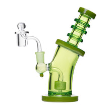The Human Grade 8" Bent Neck Dab Rig is a green, transparent borosilicate glass water pipe with a circular base, decorative rings near the mouthpiece, and a clear glass bowl. It fits 14mm quartz buckets and is designed for dabbing.
