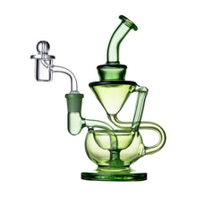 The Human Grade 8" Recycler 1A is a uniquely shaped green borosilicate glass water pipe with multiple chambers, a handle, and clear glass attachment. It features a double uptake recycler for smooth smoking or vaporizing.