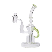 The Dualing Recycler Glass Rig Water Pipe is a clear borosilicate piece with green accents, a curved neck, base chamber, side handle, and attached bowl with domed cover. Its 14mm recycler design delivers style and smooth functionality.
