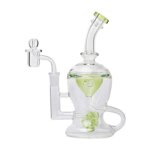 The Human Grade The Nuke Glass Rig is a clear borosilicate dab rig with green accents, featuring a curved neck, handle, and mushroom cloud perc chamber—ideal for smoking or vaporizing.