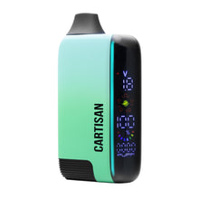 The Cartisan Veil Bar Pro EVO 510 Thread Battery Vape is compact, features a gradient green-black design, digital display for settings, variable voltage control, and is compatible with 510 tanks. "CARTISAN" is printed vertically on the front.