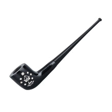 A long, black Lord Of The Rings Pipes churchwarden with white leaf and star designs on the bowl, shown against a plain white background. Perfect for any LOTR pipe enthusiast.