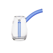 The MJ Arsenal Bulb Bubbler is a clear borosilicate glass cup featuring a blue curved handle and a blue vertical tube inside, designed as a stylish modern mini bubbler or drinkware, displayed on a white background.