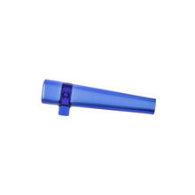The MJ Arsenal Chillum is a blue, translucent glass smoking accessory with a cylindrical body and a small circular side opening, shown isolated on a white background.