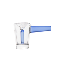 The MJ Arsenal Basin Bubbler is a clear borosilicate glass mini bubbler with a cylindrical blue handle and a small blue percolator for smooth water filtration, displayed on a white background.
