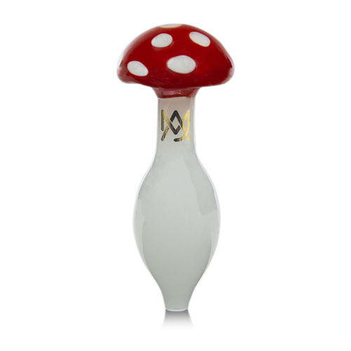 The MJ Arsenal Mushroom Bubble Cap is a glass, limited-edition carb cap shaped like a mushroom with a red cap, white spots, and stem accented by a gold letter logo. Ideal for dabbing accessories, shown on a plain white background.