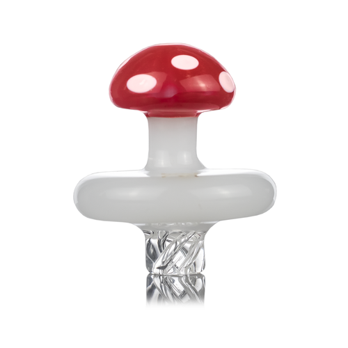 The MJ Arsenal Mushroom Spinner Carb Cap features a red-and-white mushroom design with a white stem and spotted red cap atop a clear twisted glass base—an ideal dabbing accessory.