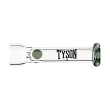 The Tyson Jab One Hitter is a portable smoking pipe made of clear borosilicate glass, featuring a rounded mouthpiece, deep bowl, and "TYSON 2.0" printed in black on the side.