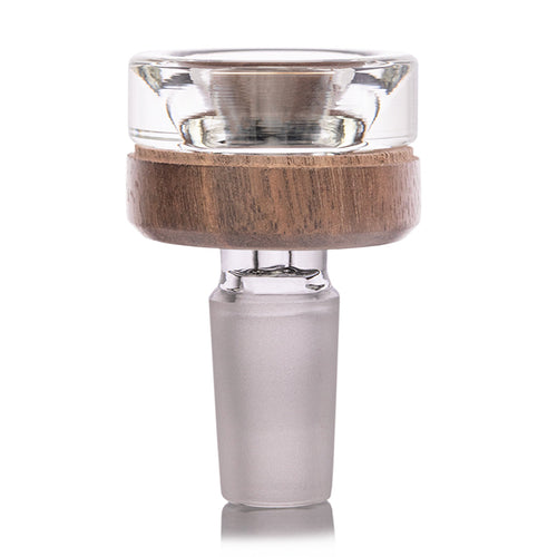 The MJ Arsenal - Alpine Series Bowl is a clear glass and wood bottle stopper featuring a rounded glass top, wooden middle, and tapered frosted glass base—an elegant accessory for the Palisade Water Pipe or 14mm glass bowl. Shown on a white background.