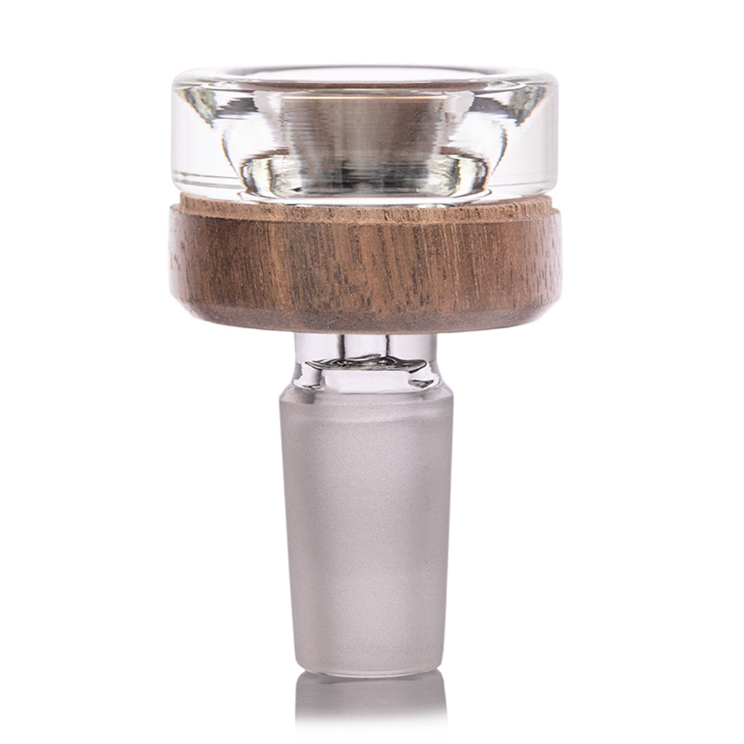 The MJ Arsenal - Alpine Series Bowl is a clear glass and wood bottle stopper featuring a rounded glass top, wooden middle, and tapered frosted glass base—an elegant accessory for the Palisade Water Pipe or 14mm glass bowl. Shown on a white background.
