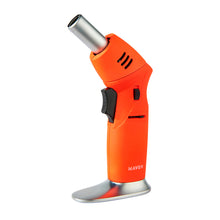 The Maven Model T Torch (Unfilled) is a bright orange refillable lighter with a silver nozzle and base, black ignition switch, and ventilation slits—perfect for precise culinary tasks. Shown standing upright on a white background.