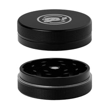 The BIGFUN! Medium 2pc Grinders is a black aluminum grinder with a textured grip, shown open to display sharp diamond teeth. The top piece has a circular logo.