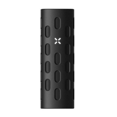 The PAX Flow Vaporizer with Grip Sleeve Bundle features a black cylindrical design with an oval pattern, a white illuminated X in the center, and a textured modern surface, showcasing innovative hybrid heating technology.