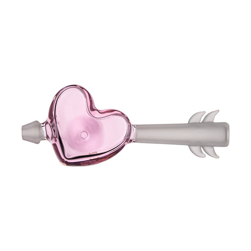 The MJ Arsenal Cupid's Bow(l) Valentine's Day Glass Pipe is a limited edition hand pipe featuring a pink, heart-shaped bowl, frosted glass stem, and white wing designs. Crafted from durable borosilicate glass and shown on a white background.