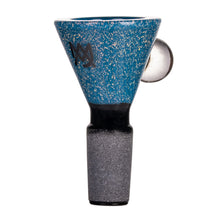 The MJ Arsenal Dichro Flower Bowl is a blue and black handmade, cone-shaped borosilicate glass bowl with a speckled texture and small side handle, designed for use with water pipes or bongs.
